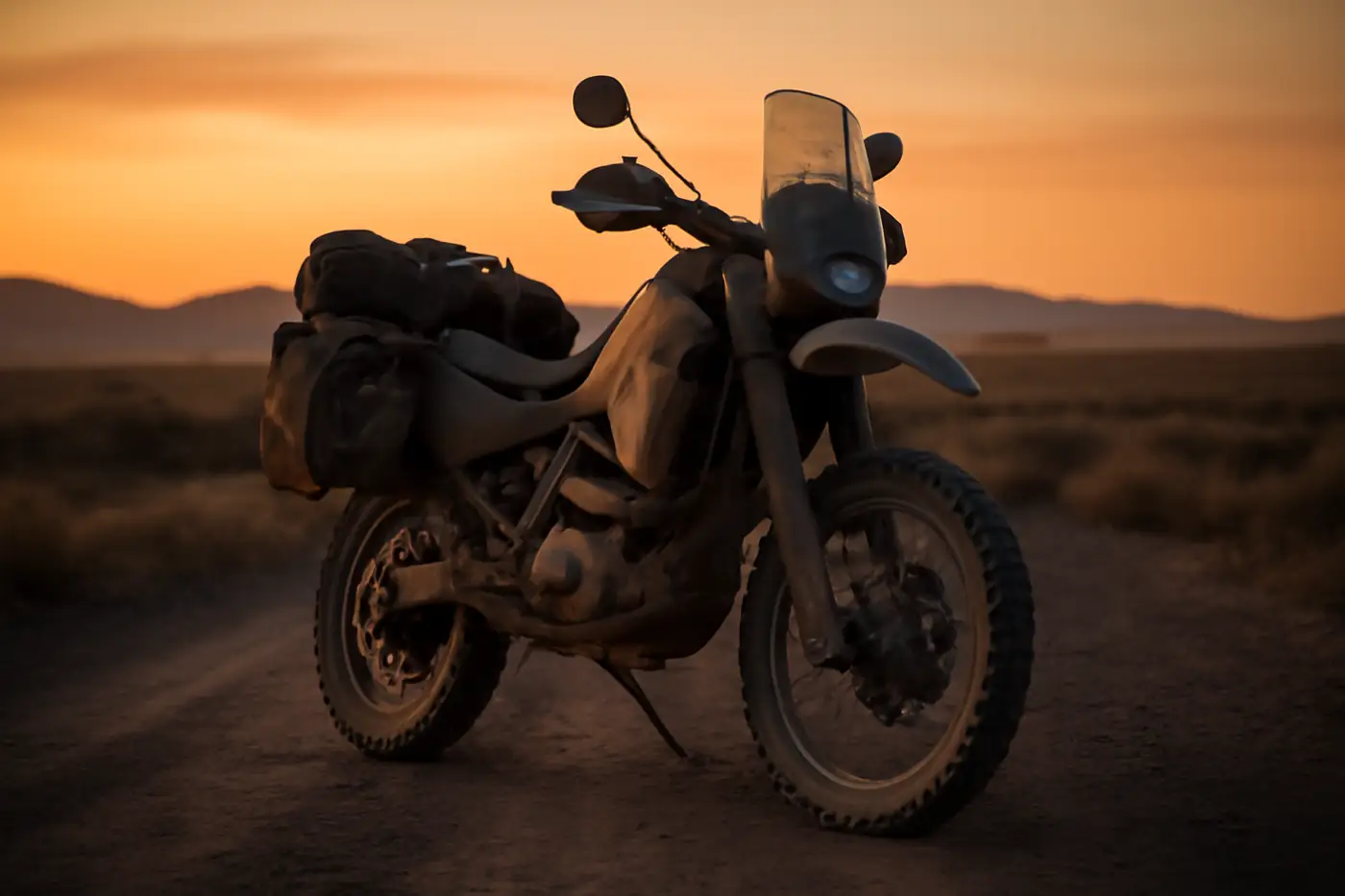 Rally-enduro motorfiets op een grindpad in de schemering